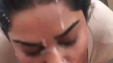 Big boob babe takes thick Indian cum in mouth